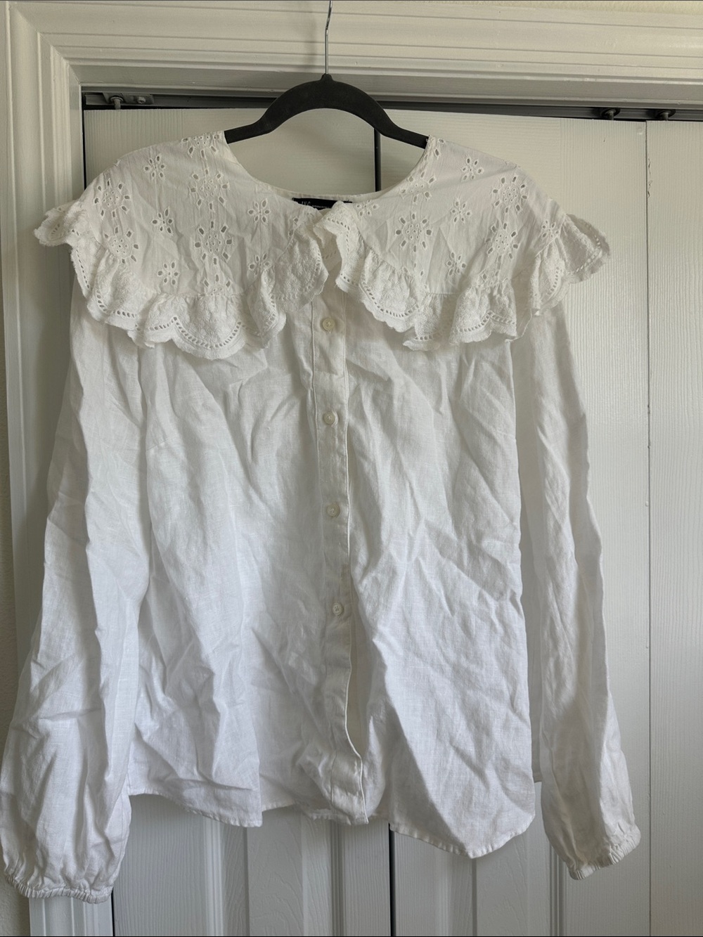 INC International Concepts White Eyelet Ruffle Collar Button-Down Top